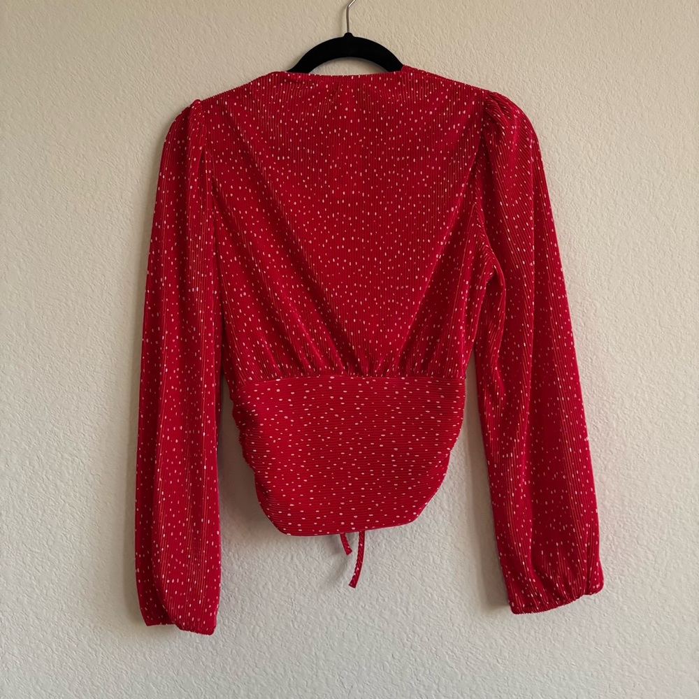 New Maje Red rouge Ruched cropped polka dot Blouse size 1 small top women’s - Picture 12 of 14